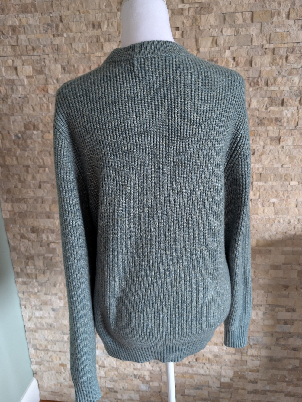 Sage Green Teal Ribbed Knit Sweater Mens Small Minimalist Crewneck Cozy Pullover image 3
